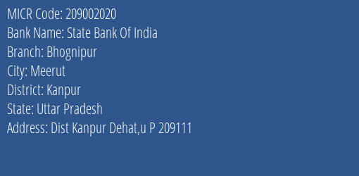 State Bank Of India Bhognipur Branch Address Details and MICR Code 209002020