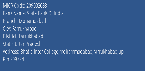 State Bank Of India Mohamdabad MICR Code