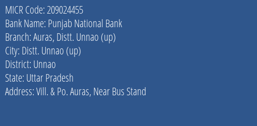 Punjab National Bank Auras Distt. Unnao Up Branch Address Details and MICR Code 209024455