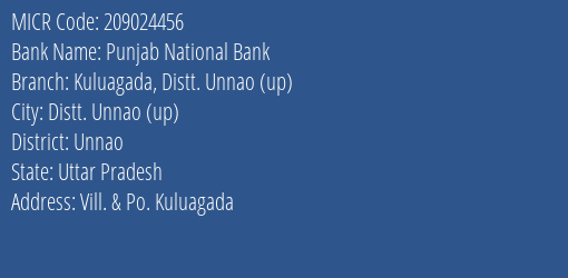Punjab National Bank Kuluagada Distt. Unnao Up Branch Address Details and MICR Code 209024456