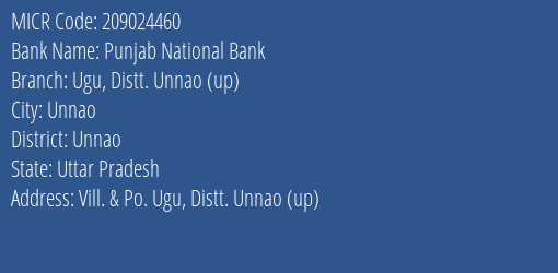 Punjab National Bank Ugu Distt. Unnao Up Branch Address Details and MICR Code 209024460