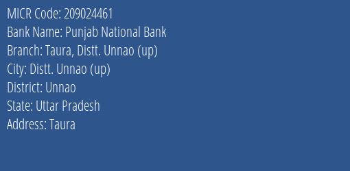 Punjab National Bank Taura, Distt. Unnao (up) Branch Address Details and MICR Code 209024461