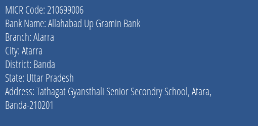 Allahabad Up Gramin Bank Atarra MICR Code