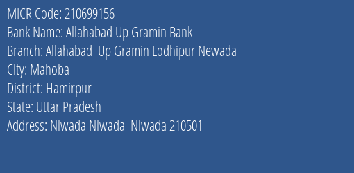 Allahabad Up Gramin Bank Allahabad Up Gramin Lodhipur Newada Branch Address Details and MICR Code 210699156