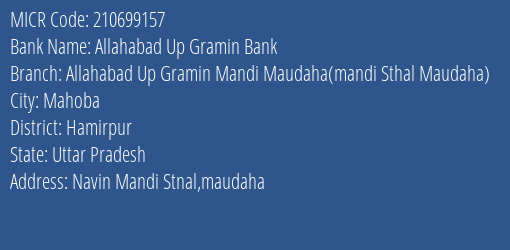 Allahabad Up Gramin Bank Allahabad Up Gramin Mandi Maudaha Mandi Sthal Maudaha Branch Address Details and MICR Code 210699157