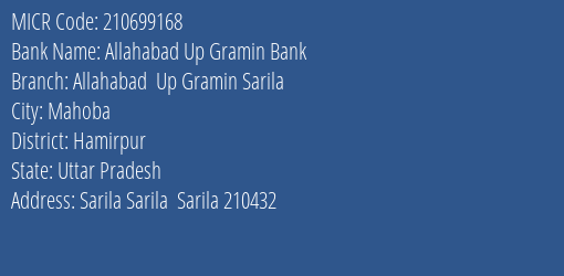 Allahabad Up Gramin Bank Allahabad Up Gramin Sarila Branch Address Details and MICR Code 210699168