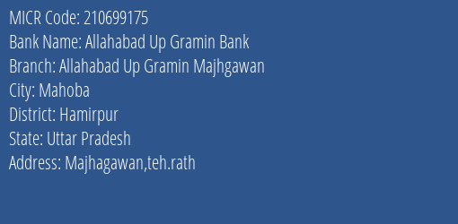 Allahabad Up Gramin Bank Allahabad Up Gramin Majhgawan MICR Code