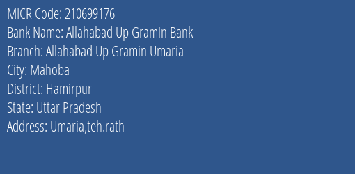 Allahabad Up Gramin Bank Allahabad Up Gramin Umaria Branch Address Details and MICR Code 210699176