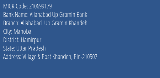Allahabad Up Gramin Bank Allahabad Up Gramin Khandeh Branch Address Details and MICR Code 210699179