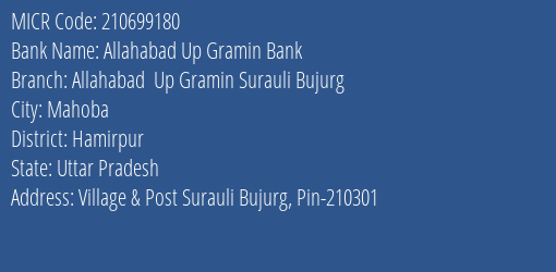 Allahabad Up Gramin Bank Allahabad Up Gramin Surauli Bujurg Branch Address Details and MICR Code 210699180