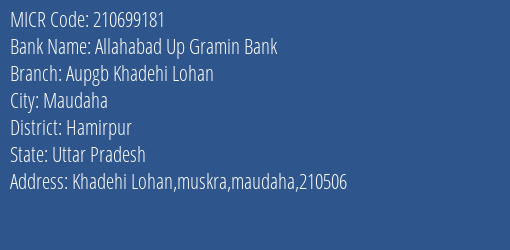 Allahabad Up Gramin Bank Aupgb Khadehi Lohan Branch Address Details and MICR Code 210699181