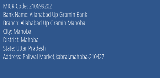 Allahabad Up Gramin Bank Allahabad Up Gramin Mahoba MICR Code