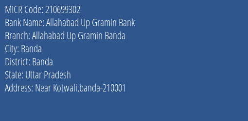 Allahabad Up Gramin Bank Allahabad Up Gramin Banda MICR Code