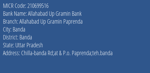 Allahabad Up Gramin Bank Allahabad Up Gramin Paprenda MICR Code