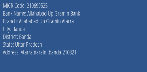 Allahabad Up Gramin Bank Allahabad Up Gramin Atarra MICR Code