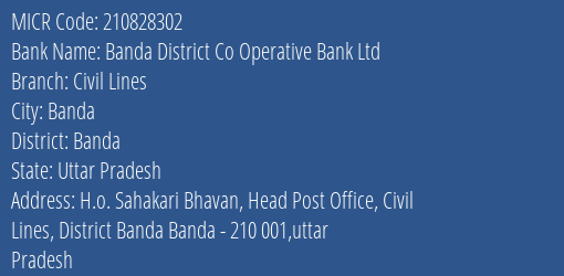 Banda District Co Operative Bank Ltd Civil Lines MICR Code