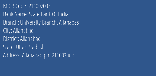 State Bank Of India University Branch Allahabas MICR Code