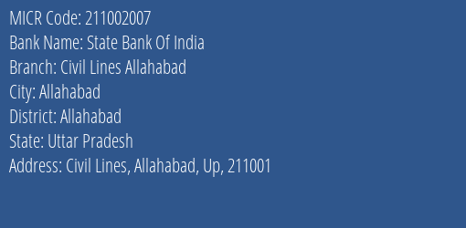 State Bank Of India Civil Lines Allahabad MICR Code
