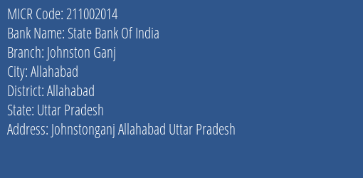 State Bank Of India Johnston Ganj MICR Code
