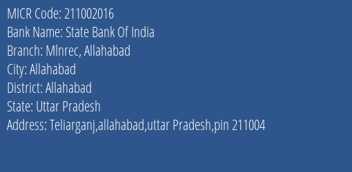 State Bank Of India Mlnrec Allahabad MICR Code