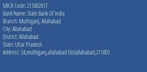 State Bank Of India Muthiganj Allahabad MICR Code