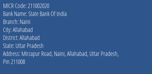State Bank Of India Naini MICR Code