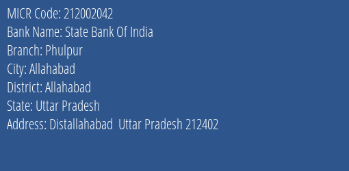 State Bank Of India Phulpur MICR Code