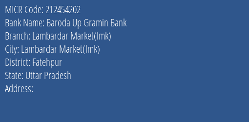 Baroda Up Gramin Bank Lambardar Market Lmk Branch Address Details and MICR Code 212454202
