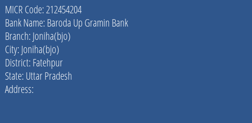 Baroda Up Gramin Bank Joniha Bjo Branch Address Details and MICR Code 212454204