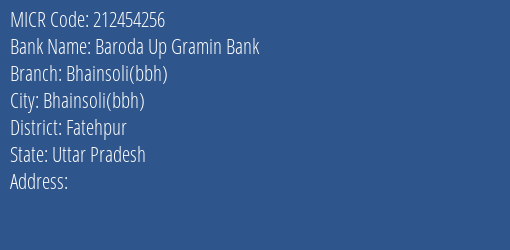 Baroda Up Gramin Bank Bhainsoli Bbh Branch Address Details and MICR Code 212454256