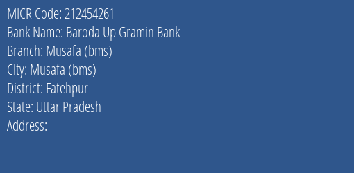 Baroda Up Gramin Bank Musafa Bms Branch Address Details and MICR Code 212454261
