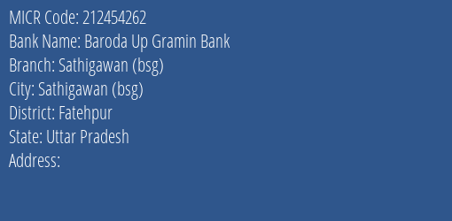 Baroda Up Gramin Bank Sathigawan Bsg Branch Address Details and MICR Code 212454262
