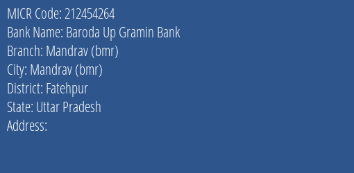 Baroda Up Gramin Bank Mandrav Bmr Branch Address Details and MICR Code 212454264