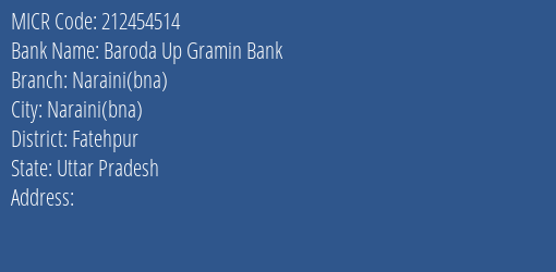 Baroda Up Gramin Bank Naraini(bna) Branch Address Details and MICR Code 212454514