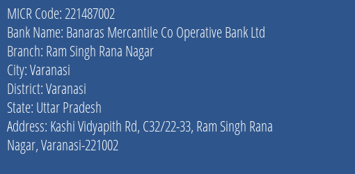Banaras Mercantile Co Operative Bank Ltd Ram Singh Rana Nagar MICR Code