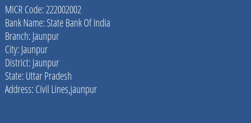 State Bank Of India Jaunpur Branch Address Details and MICR Code 222002002