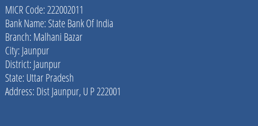 State Bank Of India Malhani Bazar Branch Address Details and MICR Code 222002011