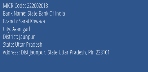 State Bank Of India Sarai Khwaza Branch Address Details and MICR Code 222002013