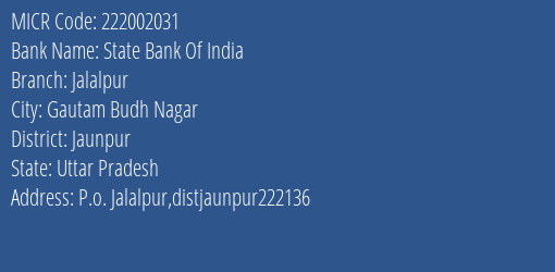 State Bank Of India Jalalpur Branch Address Details and MICR Code 222002031