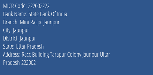 State Bank Of India Mini Racpc Jaunpur Branch Address Details and MICR Code 222002222