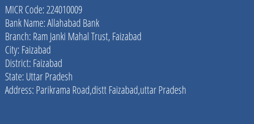 Allahabad Bank Ram Janki Mahal Trust Faizabad Branch Address Details and MICR Code 224010009