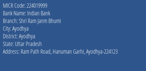 Indian Bank Shri Ram Janm Bhumi MICR Code