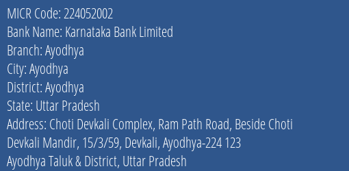 Karnataka Bank Limited Ayodhya MICR Code