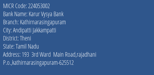 Karur Vysya Bank Kathirnarasingapuram MICR Code