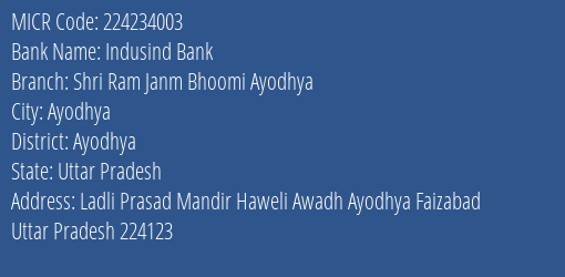 Indusind Bank Shri Ram Janm Bhoomi Ayodhya MICR Code