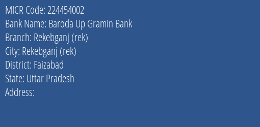 Baroda Up Gramin Bank Rekebganj Rek Branch Address Details and MICR Code 224454002
