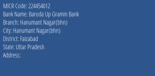 Baroda Up Gramin Bank Hanumant Nagar Bhn Branch MICR Code 224454012
