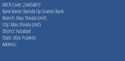 Baroda Up Gramin Bank Mau Shivala Msf Branch Address Details and MICR Code 224454013