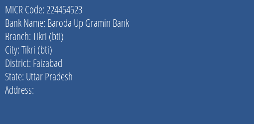 Baroda Up Gramin Bank Tikri Bti Branch Address Details and MICR Code 224454523