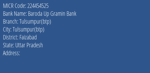 Baroda Up Gramin Bank Tulsumpur Btp Branch Address Details and MICR Code 224454525